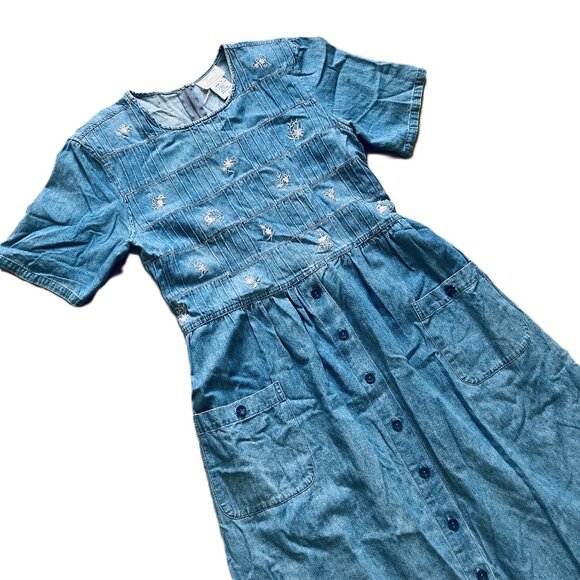 Denim Chambray Maxi Dress Flower Embroidery Pockets Vintage 90s Traditions - Picture 4 of 7
